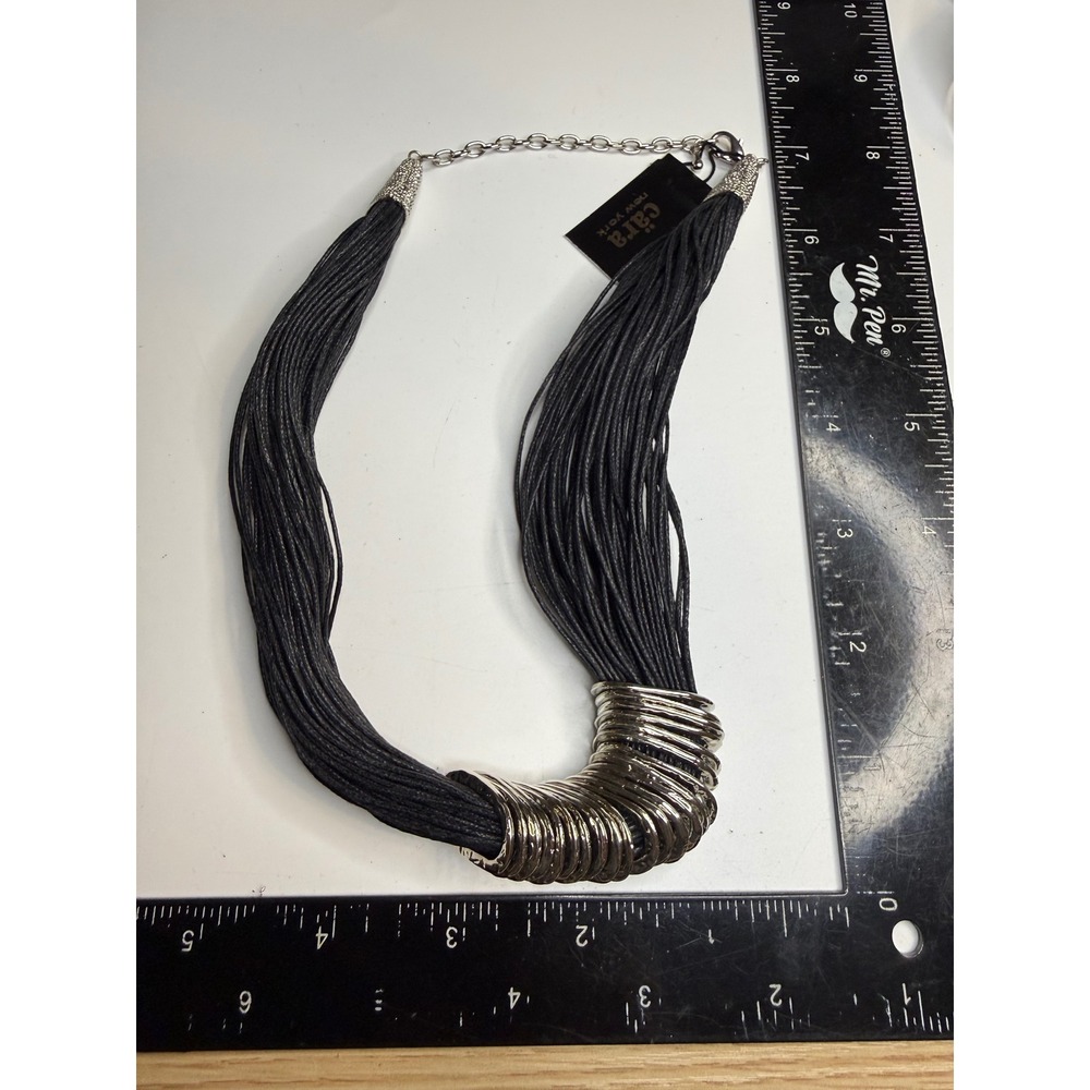 Cara New York Multi Strand Cord Necklace Silver Tone Ring Statement NE-12363